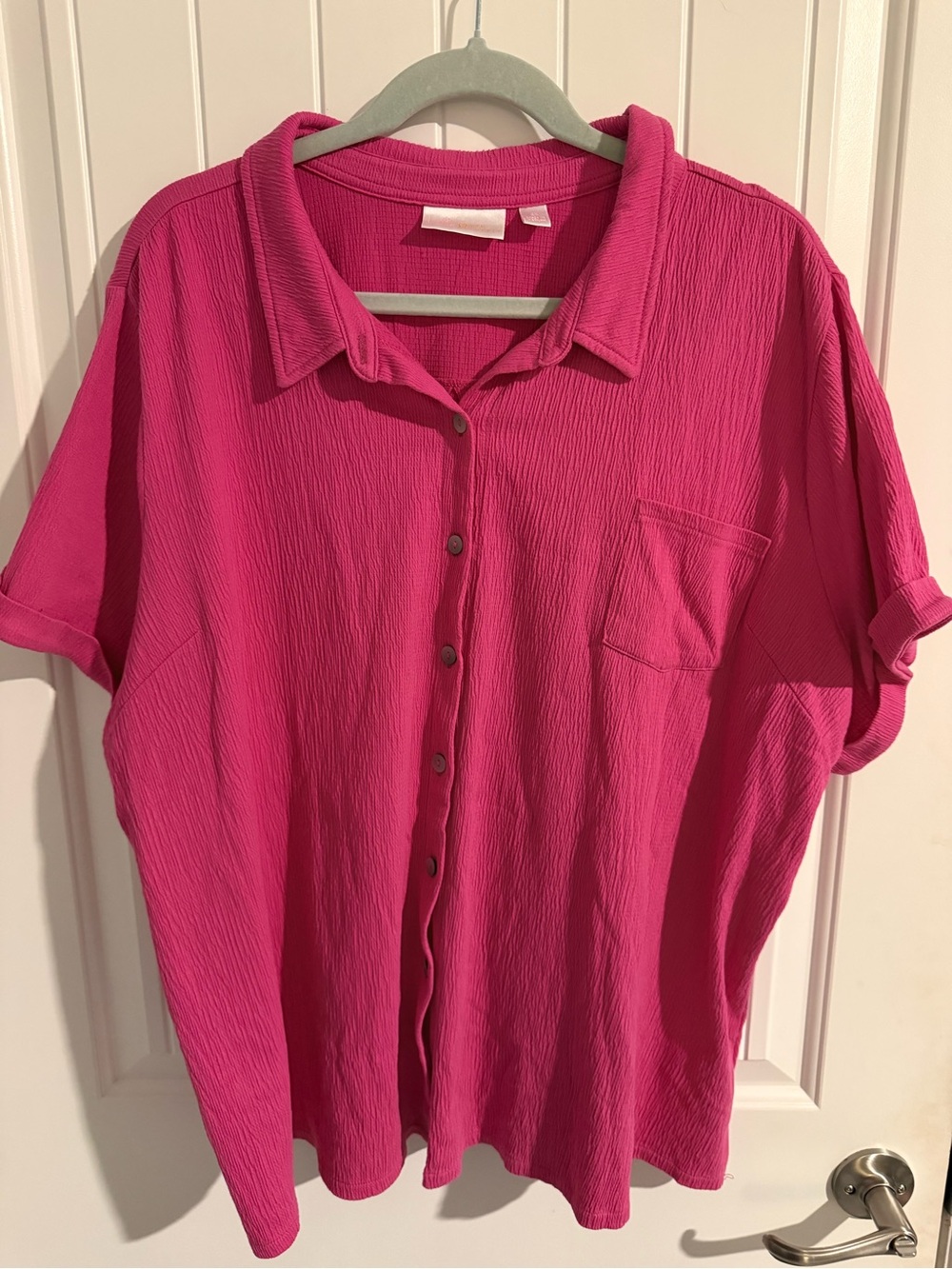 Belle by Kim Gravel 2X Hot Pink Crinkle Button-Front Blouse Short Sleeve